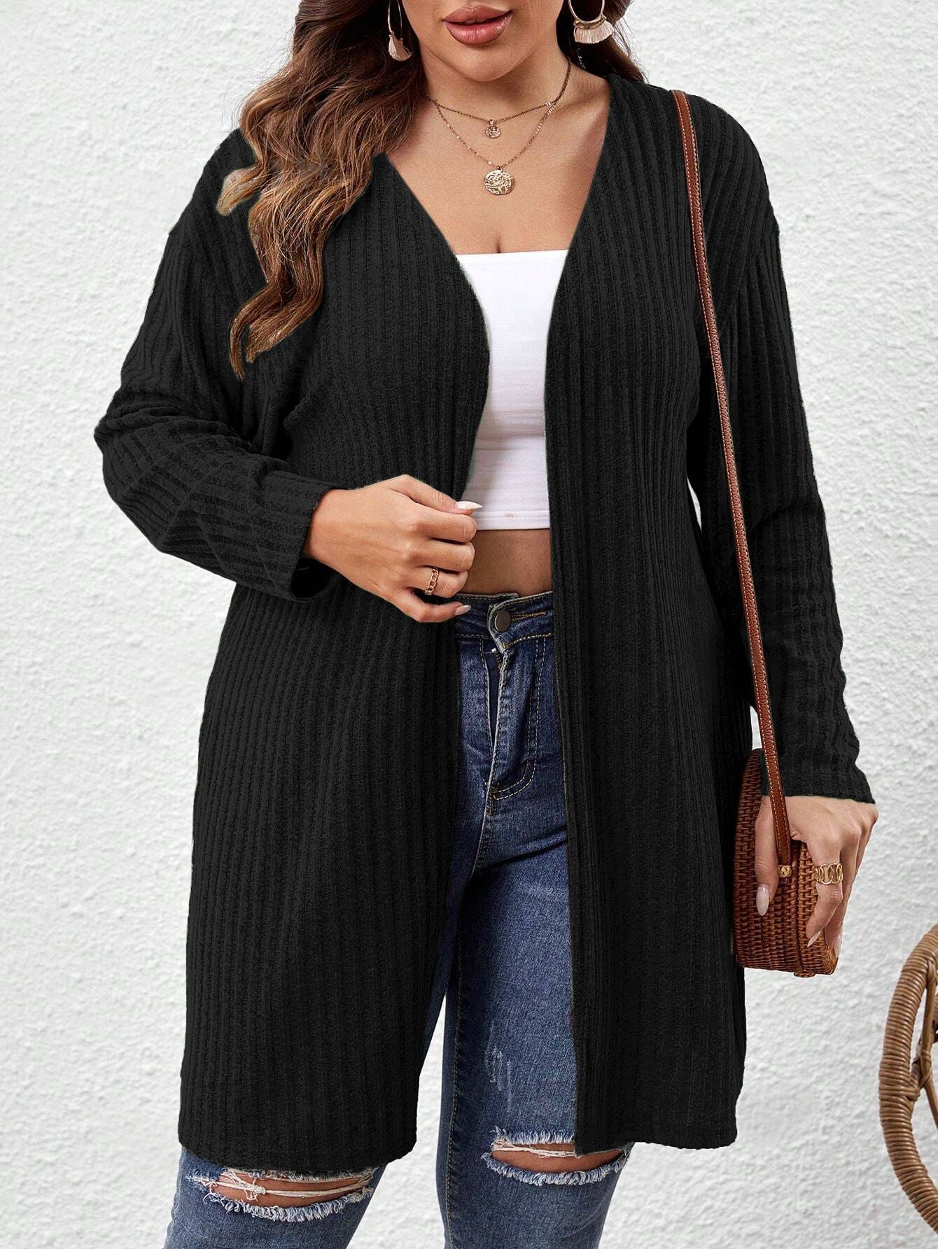 Sunken Stripe Brushed Plus Size Women's Mid-length Solid Color And V-neck Long-sleeved Cardigan