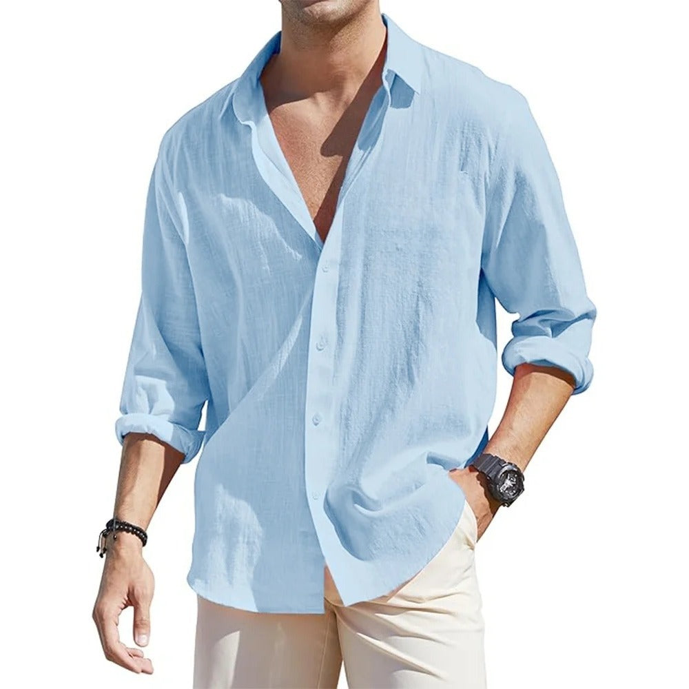 Men's Linen Cardigan Single Row Lapel Long Sleeve Shirt