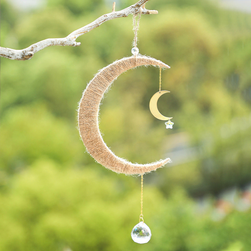 Wooden Woven Hand Gift Moon Crystal Gardening Sun Catcher Wall Decoration Pendant