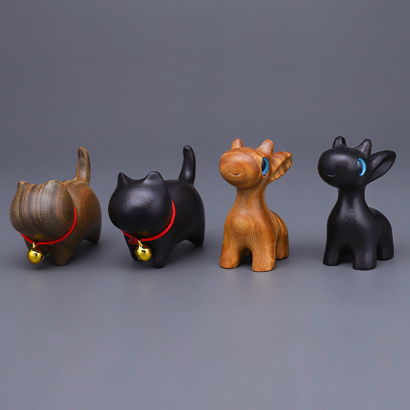 Wood Carving Little Black Cat Mini Doll Decoration Handicraft