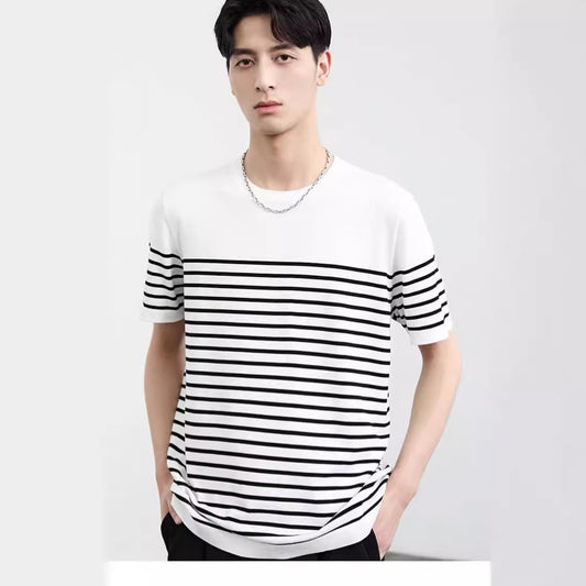 Soft Retro Navy Blue Shirt Short-sleeved T-shirt Men's Knitted Striped Top