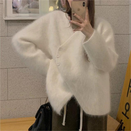 Mink Fur V-neck Irregular Sweater Cardigan For Women