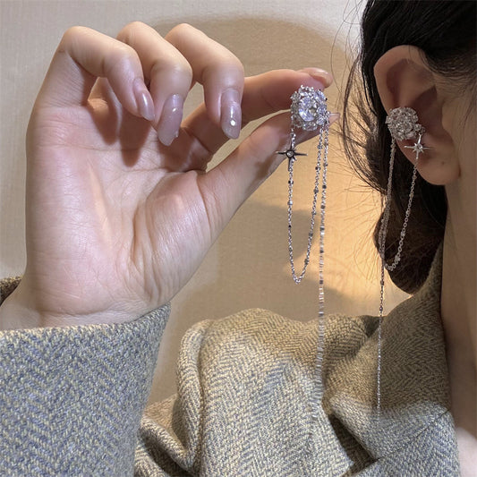 Niche Flower Tassel Ear Clip Full Diamond