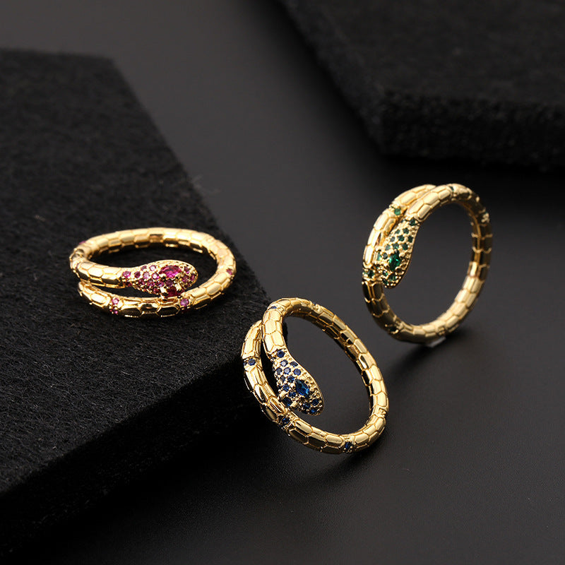 Cool Style Creative Personality Snake Ring Female Color Zircon Opening