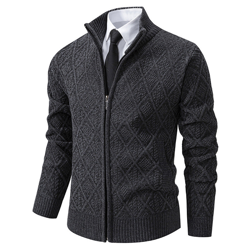 2024 Fall Winter Men Fleece-lined Thickening Stand Collar Sweater Korean Style Casual Zipper Sweater Coat