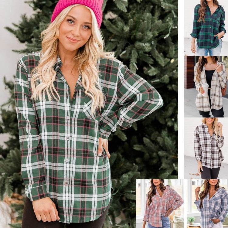 New Polo Collar Pocket Long Sleeve Plaid Shirt Thin Coat For Women