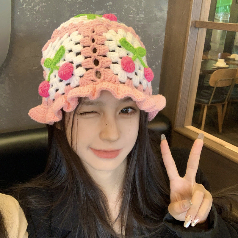 Retro Hollow Flower Handmade Knitted Hat Women