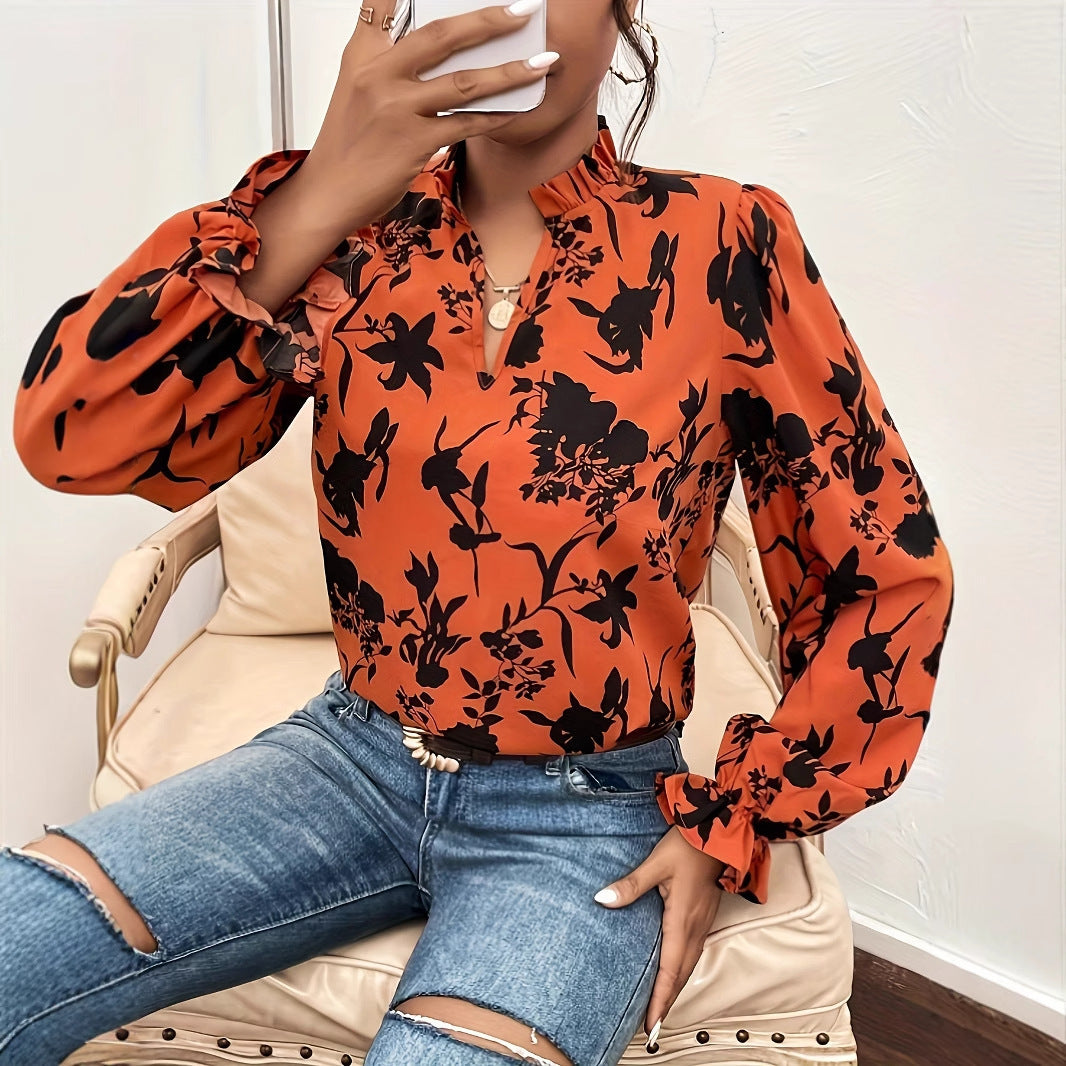 French Floral Print Ruffle Sleeve Collar Shirt