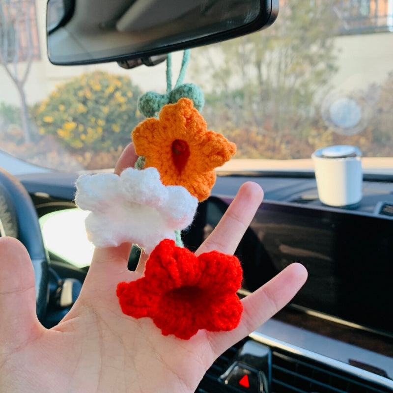 Lily Car Hanging Rearview Mirror Pendant Hand Crocheted Car Supplies Wool Woven Pendant