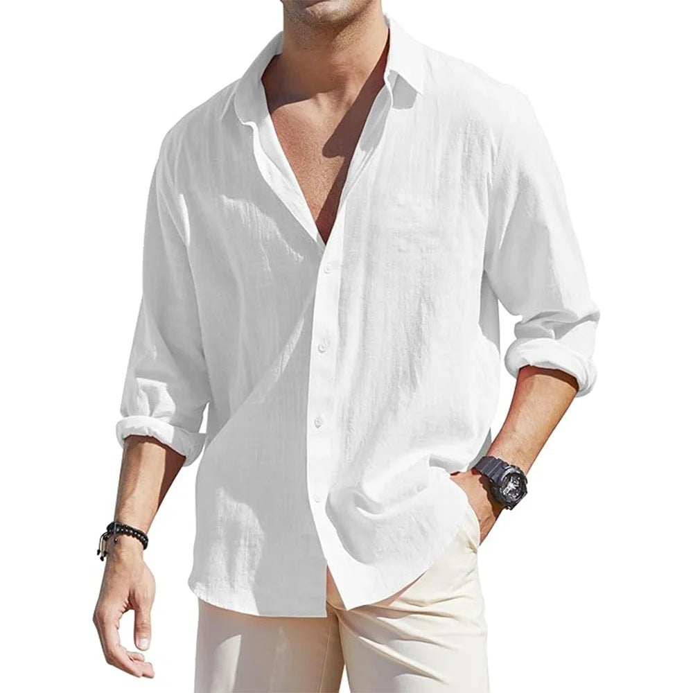 Men's Linen Cardigan Single Row Lapel Long Sleeve Shirt