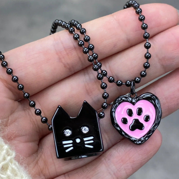 Cute Cartoon Cat Heart Drip Seal Necklace