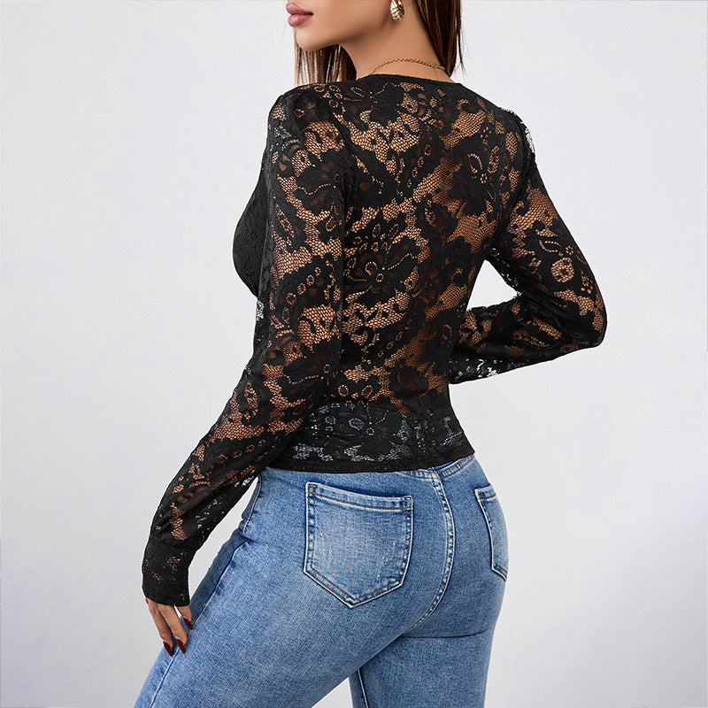 Lace Slim Fit Patchwork V-neck Black Top