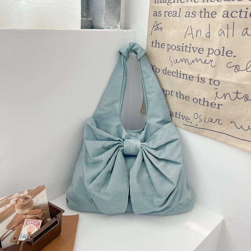 Large Capacity Bow Shoulder Underarm Tote Bag Washed Denim Canvas Bag