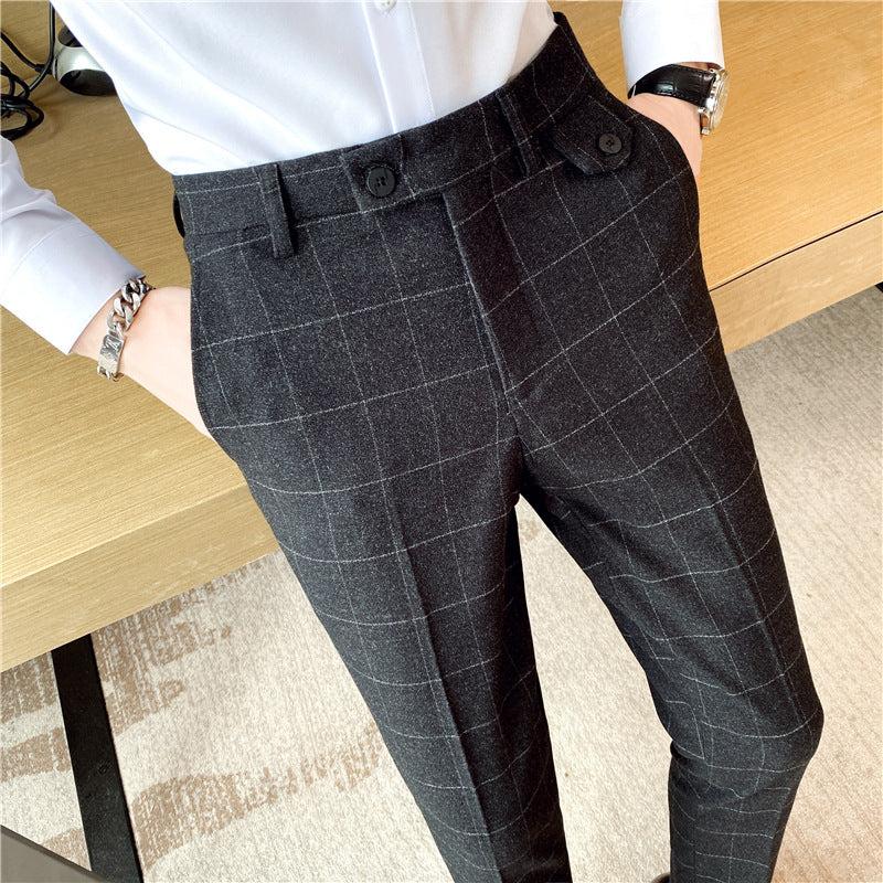 Korean Style British Classic Checkered Elegant Slim Fit Men's Best Man Pencil Pants Suit Pants