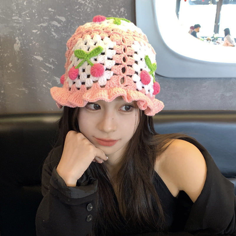 Retro Hollow Flower Handmade Knitted Hat Women