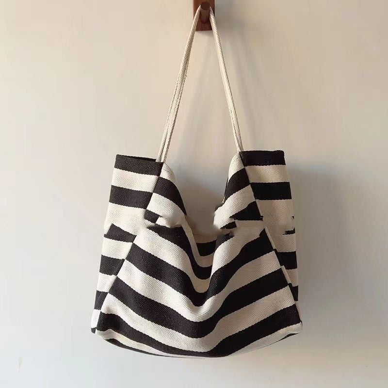 Ins Artistic Contrast Color Striped Canvas Bag Large Capacity Shoulder