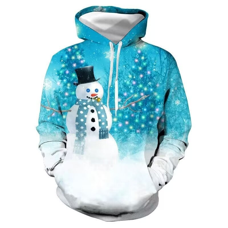 European And American Christmas Snowman 3D Printed Hood Sweater