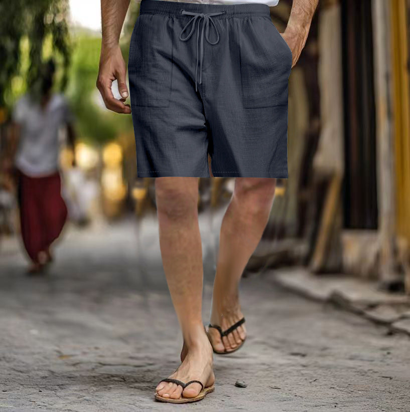 Men's Cotton Linen Multi-pocket Drawstring Leisure Beach Shorts