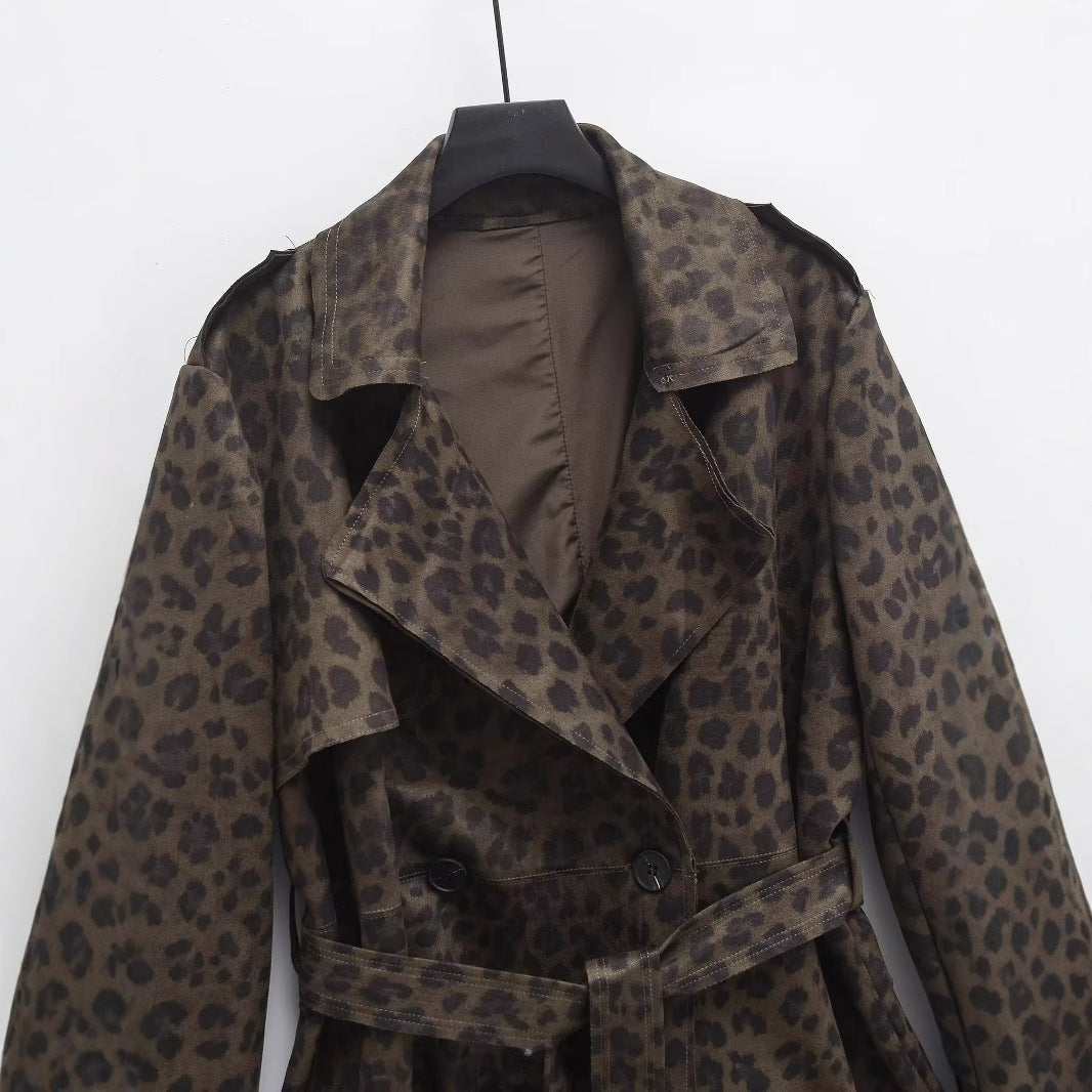 Women's Leopard Print Lapel Closing Belt Long Sleeve Coat