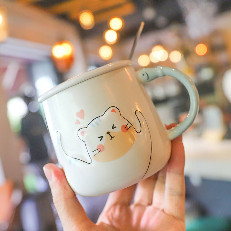 Cartoon Cat With Lid Spoon Ceramic Cup Female Cute Office