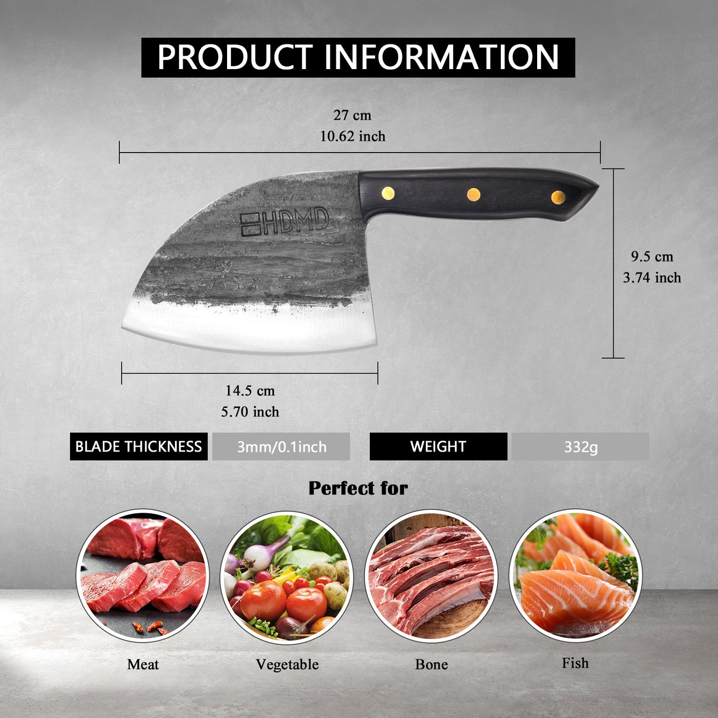 HDMD Cleaver Knife Meat Cleaver Knife For Meat Cutting, Real Hand Forged Knife High Carbon Steel Knife, Butchers Knife Meat Knife For Home And Outdoor Camping, BBQ