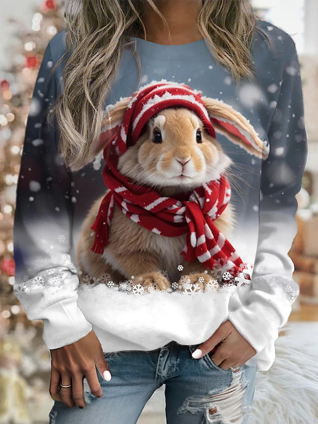 Women's Printed Rabbit Cute Round Neck Pullover Long Sleeve Sweater