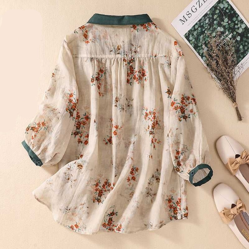 Cotton And Linen Top Women's Loose Printed Linen Shirt