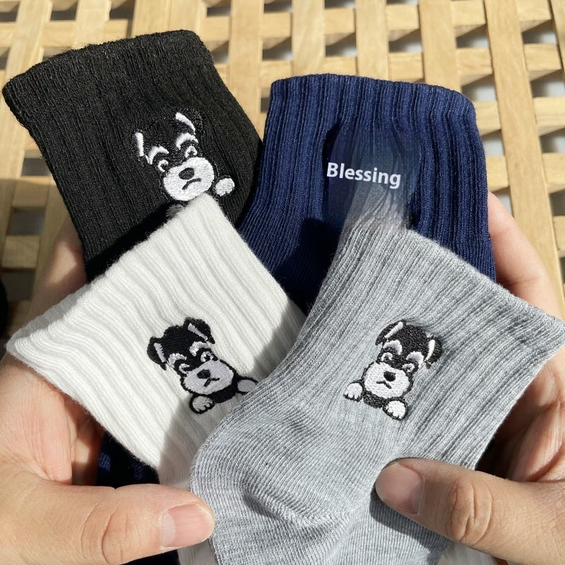 Middle Tube Pure Cotton Breathable Sweat Absorbing Schnauzer Embroidered Cute Cartoon Socks