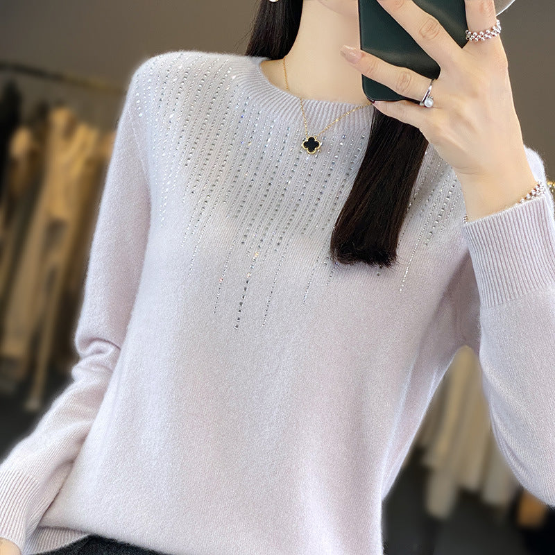 Round Neck Rhinestone Long-sleeved Knitted Bottoming Shirt Women's Pullover Sweater