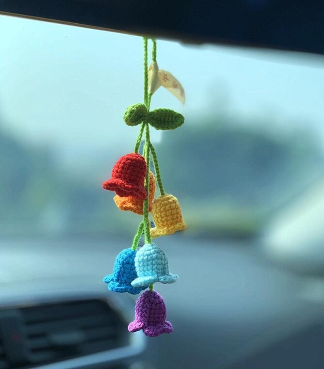 Lily Car Hanging Rearview Mirror Pendant Hand Crocheted Car Supplies Wool Woven Pendant