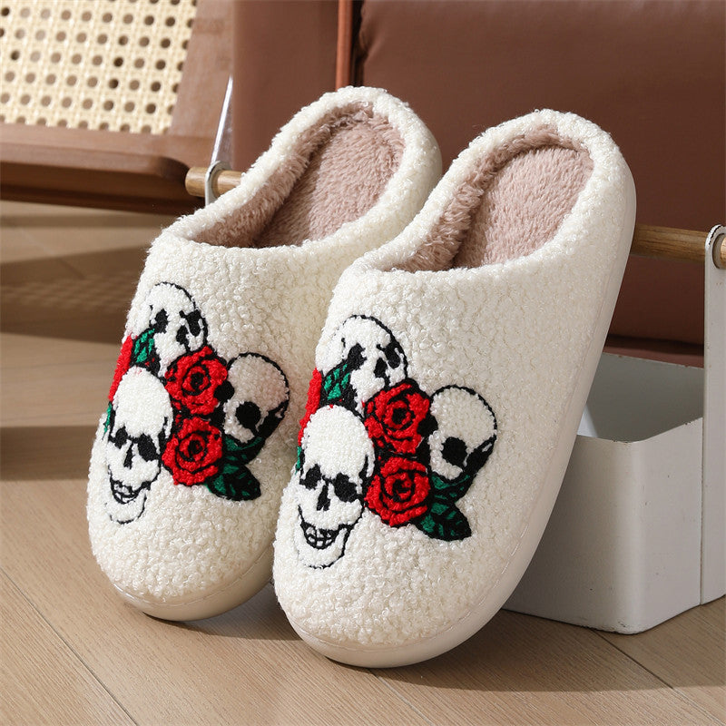 Halloween Skull Rose Slippers Winter Warm Indoor Floor Bedroom Home Slipper For Women