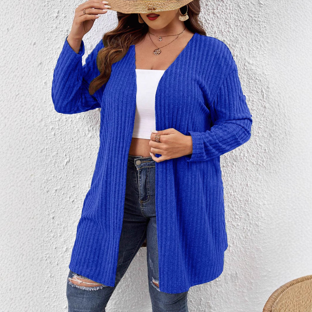 Sunken Stripe Brushed Plus Size Women's Mid-length Solid Color And V-neck Long-sleeved Cardigan