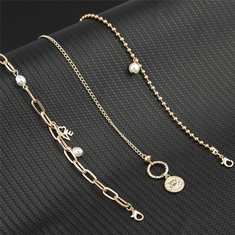 Bracelet Set Ins Design Niche Pearl Love Coin Jewelry Women 3-piece Set