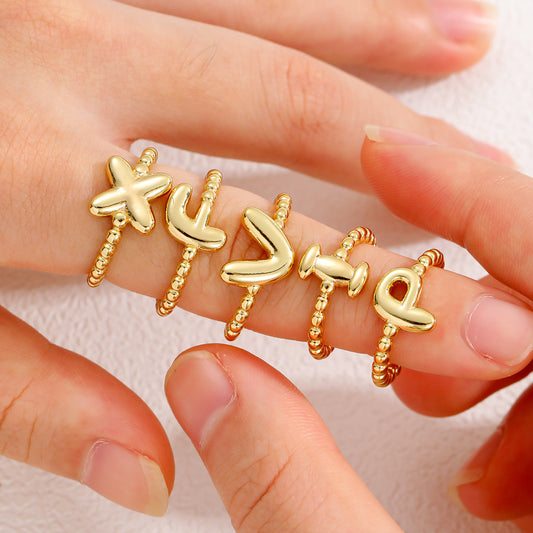 18K Gold Glossy Brass Balloon 26 PCs Letters Ring Fashion Jewelry