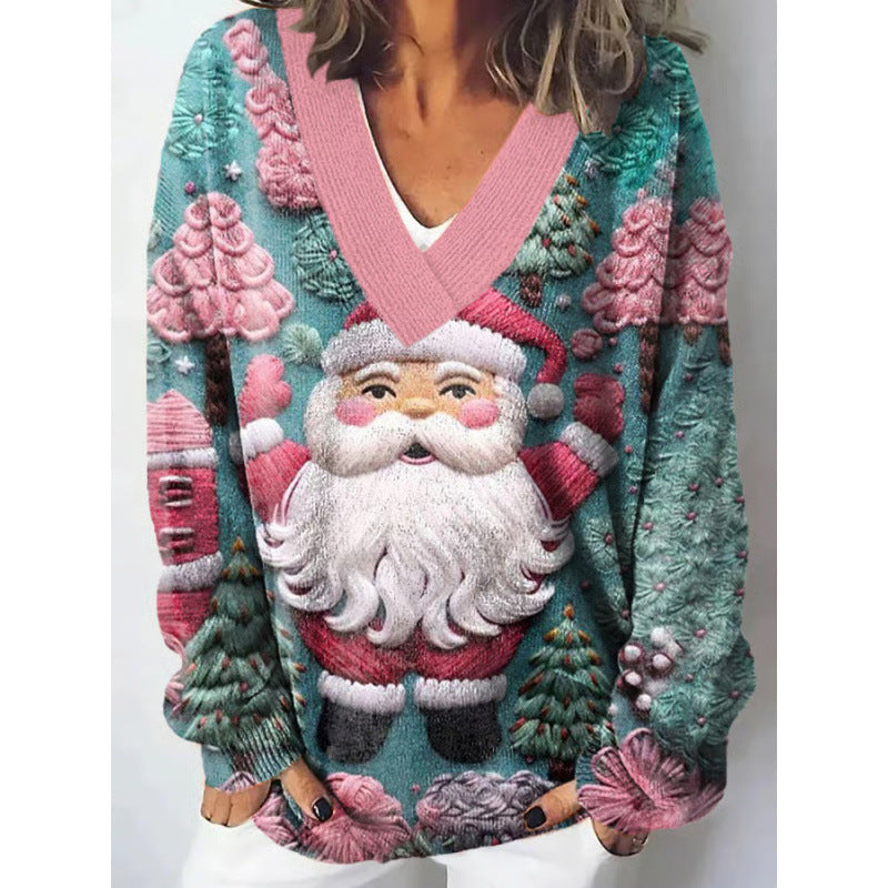 European And American Christmas Series V-neck Printed Sweater