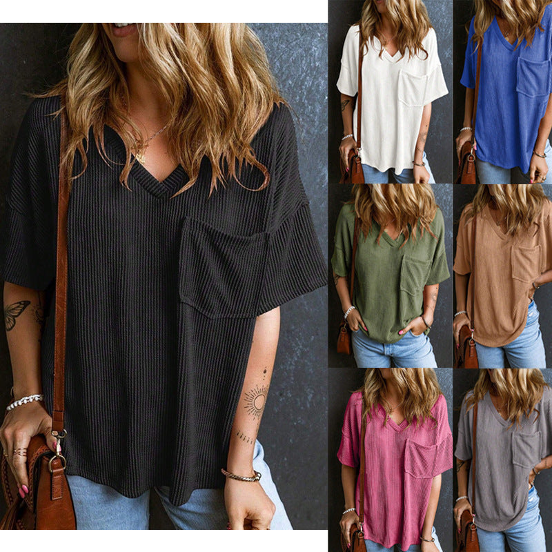 Two-tone Pocket Short Sleeve V-neck Top