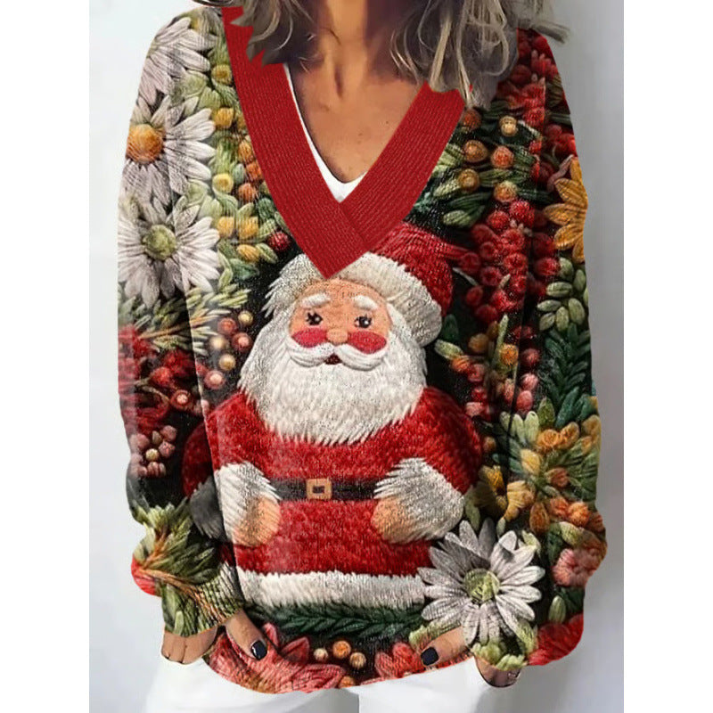 European And American Christmas Series V-neck Printed Sweater