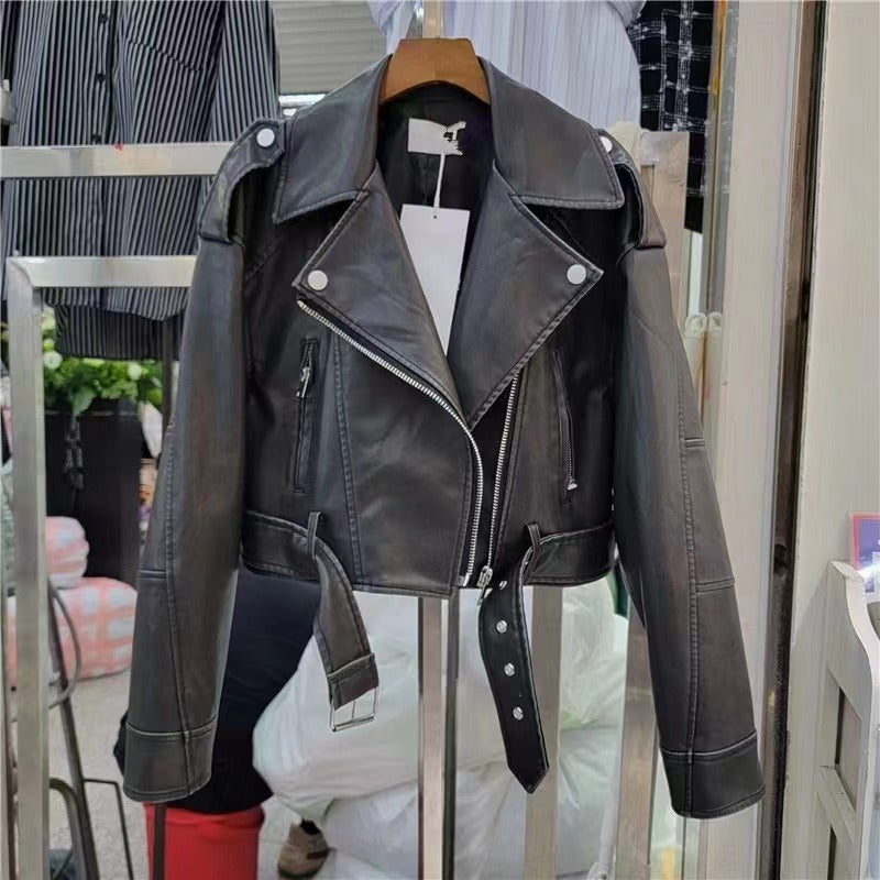 Hong Kong Style Retro Coat Women's Short Spring And Autumn New Casual Pop Motorcycle PU Leather Jacket