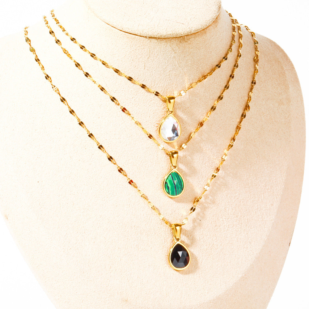 Cross-border Malachite Necklace Titanium Steel Water Drop Pendant Zircon Natural Stone Clavicle Chain Gold Plated Color Ornament