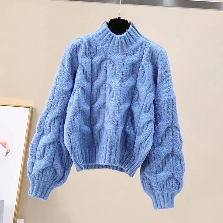 Half-high Collar Long Sleeves Pullover Women's Sweater Autumn And Winter Loose Base Ride Puff Sleeve Knitted Top