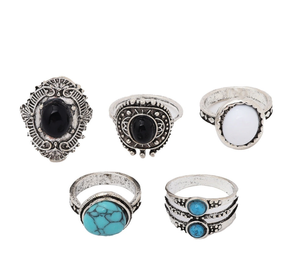 Bohemian Retro Ethnic Style Inlaid Black Gemstone Opal Turquoise Joint Ring