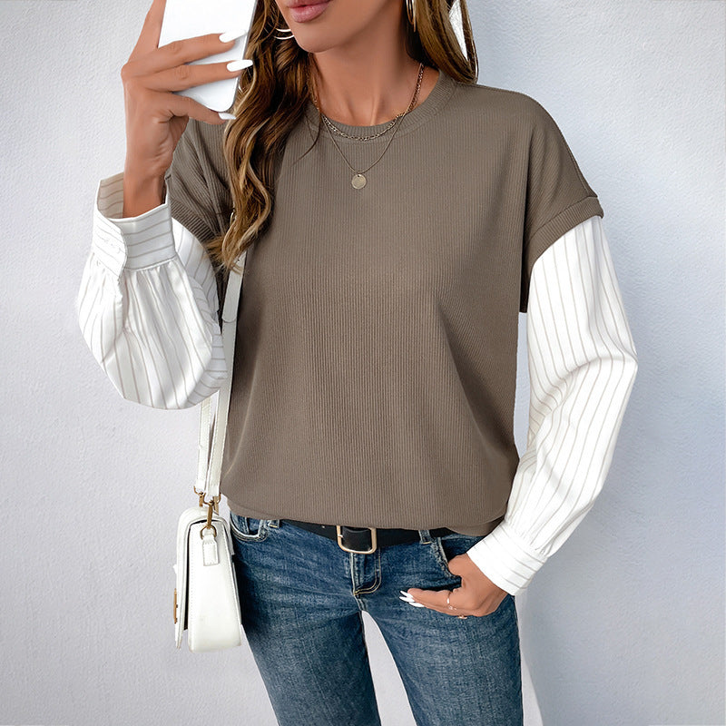 Long Sleeve Fake Two-piece Color Matching Knitted Round Neck Sweater