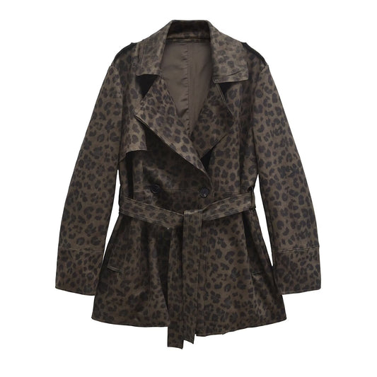 Women's Leopard Print Lapel Closing Belt Long Sleeve Coat