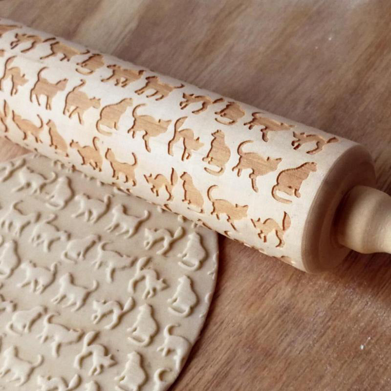 Solid Wood Roller With Carved Pattern Rolling Pin