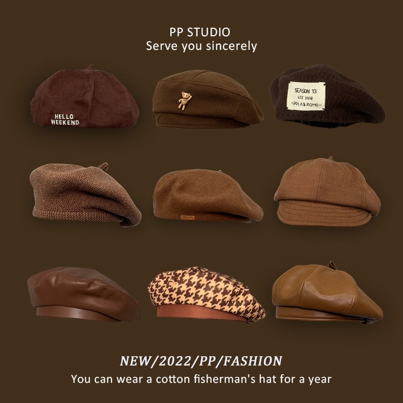 Brown Hat Female British Retro Spring And Autumn Octagonal Beret