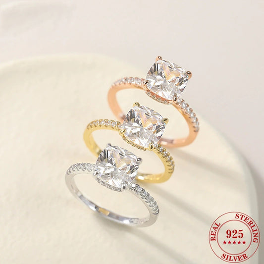 Four-claw Pillow-shaped 4 Karat Zircon 925 Silver Diamond Ring