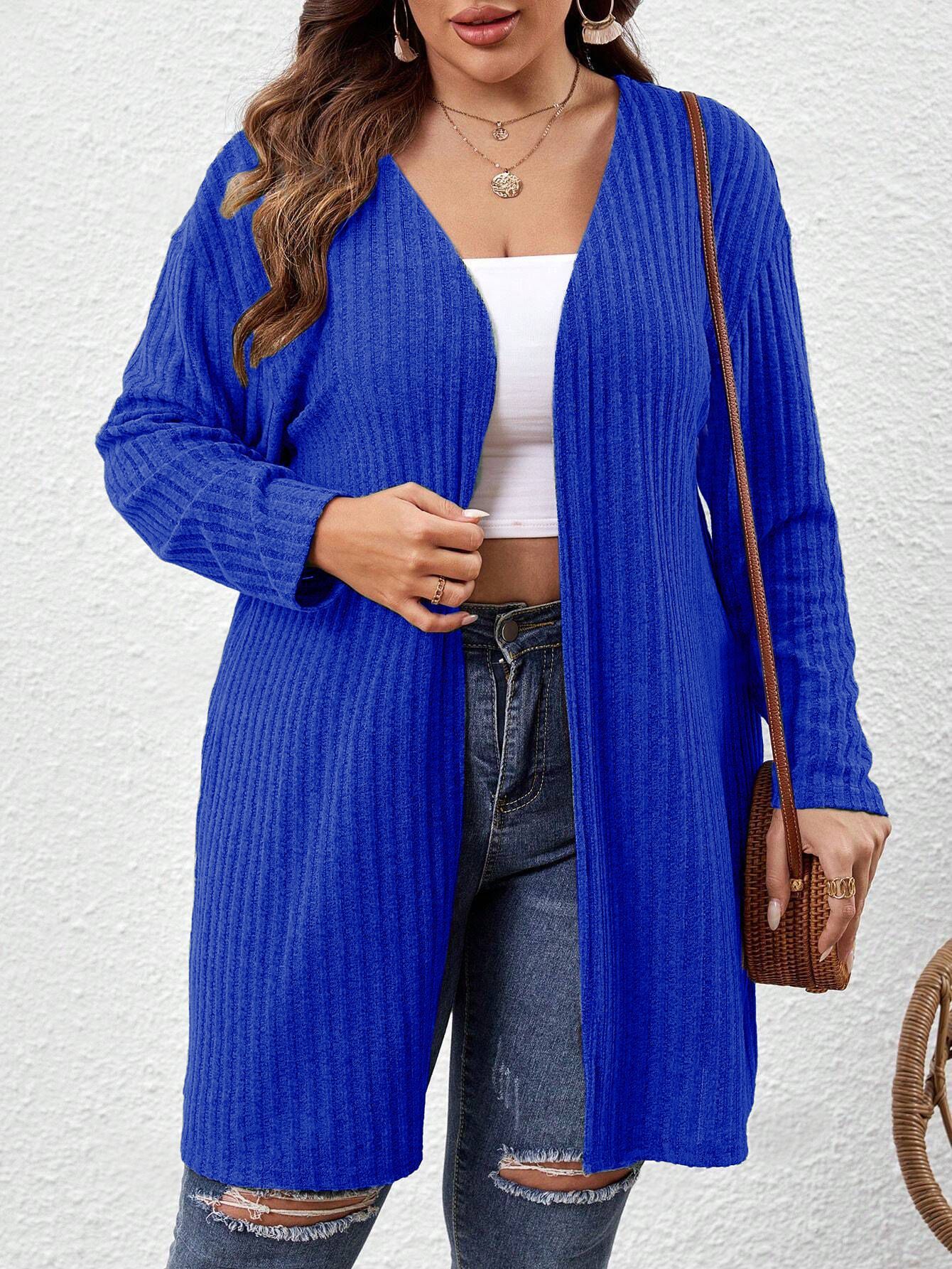 Sunken Stripe Brushed Plus Size Women's Mid-length Solid Color And V-neck Long-sleeved Cardigan