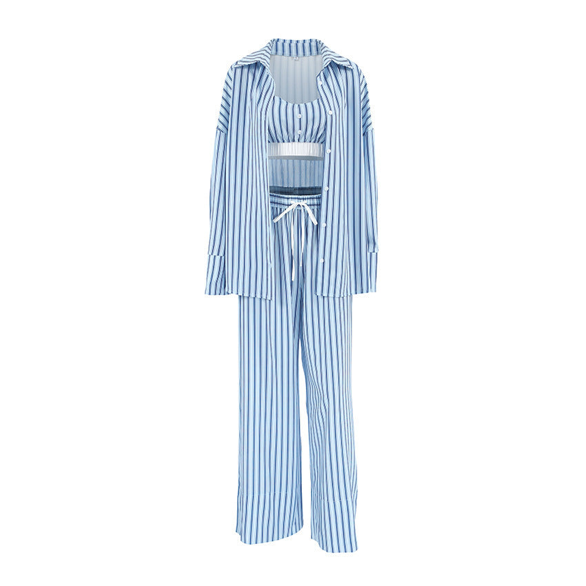 Women's 3 Piece Suit  Y2K Aesthetic Striped Tank Top Long Sleeve Shirt And Elastic Waist Stretch Trousers For Casual Wear