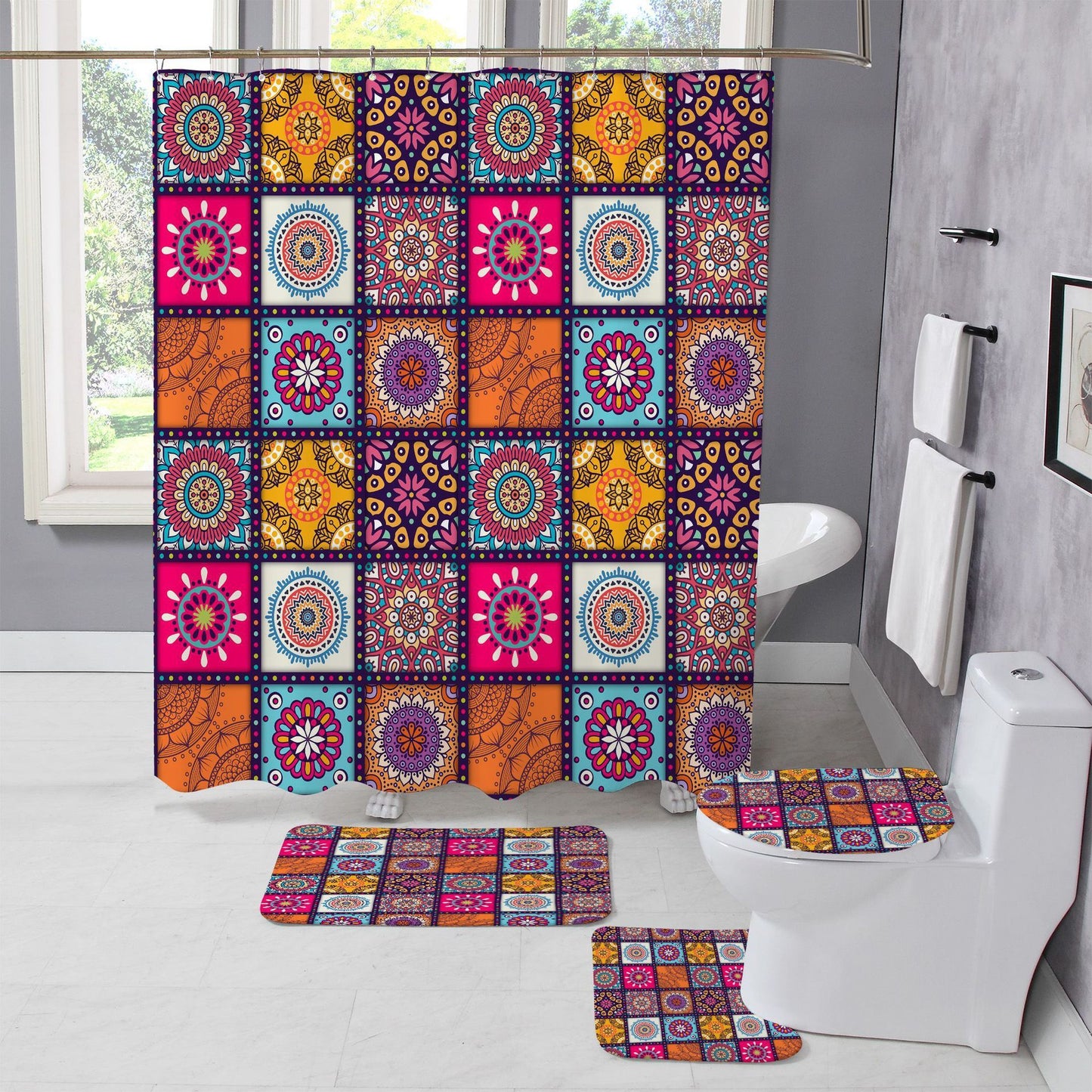 Hot Sale Cross-border Door Curtain Printing Carpet Floor Mat Combination Bathroom Toilet Mat Suit