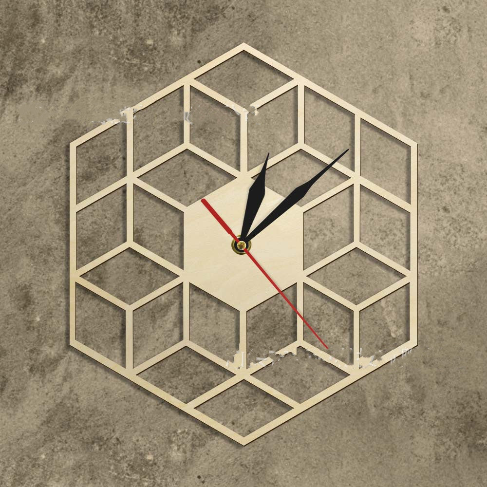 Cube Hexagon Wooden Wall Clock Silent Country Wooden Clock